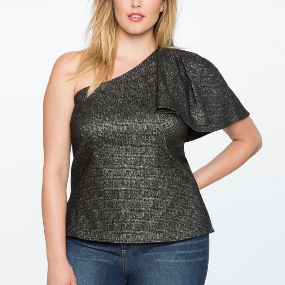 ELOQUII 18 statement one shoulder metallic gray top